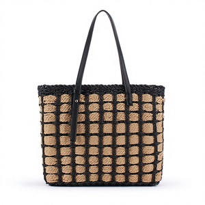 Sac fourre-tout tissé grande capacité, style français simple et populaire, avec fermeture éclair, motif à carreaux, sac à bandoulière tendance pour la plage Tanjing - Product Image 1