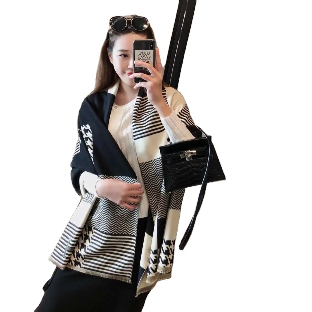 2023 Japanese And Korean Trend Design Houndstooth Pattern Jacquard Cashmere Cotton Shawl Female Autumn Winter Fashion Scarf