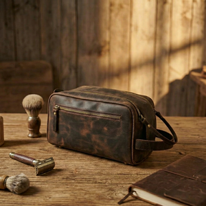 Trousse de Toilette en Cuir Taille Moyenne Style Vintage Fermeture Éclair Poignée Souple Étui Cosmétique Durable pour Voyage - Product Image 1