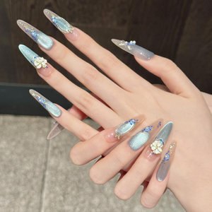 <span class=keywords><strong>Uñas</strong></span> Postizas Hechas a Mano al por Mayor, Marca Privada, 10 Piezas, Acrílicas, con Flores 3D, Estilo Chino, Ojo de Gato, con Brillo - Product Image 3