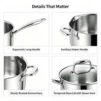Ensemble d'ustensiles de cuisine en acier inoxydable, casserole à induction avec bec verseur et couvercle en verre avec passoire, écologique, compatible lave-vaisselle et four