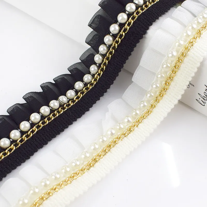Deepeel KY114 3cm Garment Sewing Accessories Pearl Chain Decorative Lace Chiffon Ruffles Pearl Beaded Lace