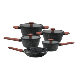 Non Stick 9-Piece Forged Aluminum Cookware Set Ceramic Coated Pot <b>Pan</b> Glass <b>Lids</b> Wooden Soft touch Handles Dishwasher Safe - Product Image 1