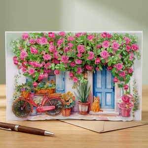 Carte de vœux 3D pop-up artificielle, motif jardin de roses, découpée au laser, faite à la main, en papier artistique, personnalisable OEM ODM pour la décoration intérieure - Product Image 1