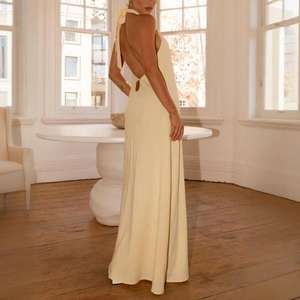 कस्टम आकस्मिक गर्मी चमक आस्तीन ठोस पीले हल्टर कॉलर बैकलेस साम्राज्य कमर सांस लेने योग्य पर्यावरण अनुकूल सूती लिनन मैक्सी - Product Image 6