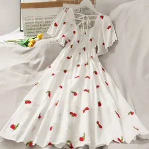 Summer Chiffon Women Dress Casual Strawberry Pineapple Printed A Line Dress Female Short Sleeve Back Lace Up Pleated Dresses