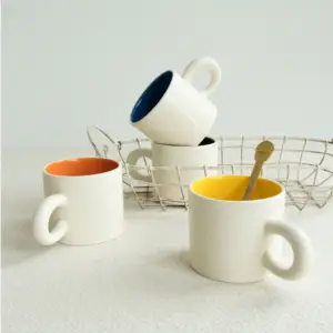 Joyye现代定制陶瓷杯白色双色咖啡杯大柄陶瓷杯