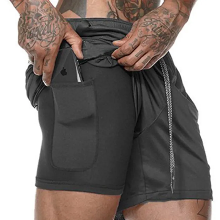 Men's 2 in 1 Running Training Shorts Gym Workout Quick Dry Shorts with Phone Pocket