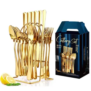 Grosir Pabrik set sendok garpu pisau baja tahan karat sendok garpu emas 24 buah Set alat makan mewah dengan dudukan