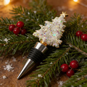 Bouchon de bouteille de vin en métal doré et blanc à paillettes pour arbre de Noël, avec design réutilisable pour les fêtes - Product Image 2