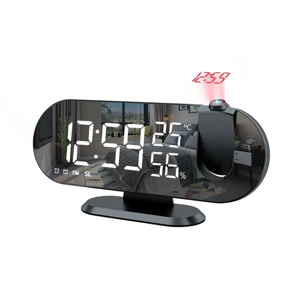 Dropship Digital Projection Alarm Clock Wall Decoration Table Clocks With Radio Projector Thermometer Humidity Phone Recharger