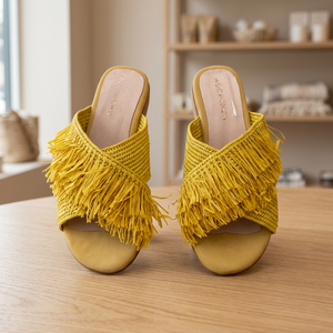 Mules tendance MOCCHIN jaunes à franges en raphia rayées, sandales d'été à bout ouvert, semelle respirante en PU - Product Image 3