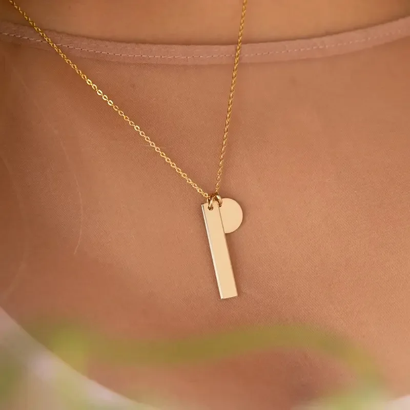 DIY Gold Plating Engraving Letter Tags Coin Necklace No Fade Stainless Steel Custom Name Disk Long Bar Pendant Necklace