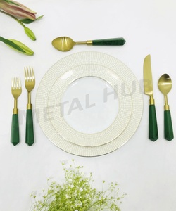 Stainless Steel Gold <b>Flatware</b> <b>Set</b> with Green Handle Eco-Friendly 5 and 7 Piece Place Setting for Wedding Parties and Events Bulk - Product Image 3