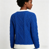 Nouvelle Arrivée 2026 – Pull en Maille Torsadée Style Preppy, Col Rond Contraste Bleu et Blanc, Haut Décontracté en Tricot pour Femme