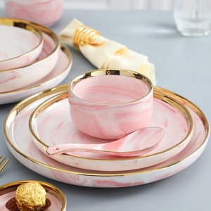 Ensemble de couverts en céramique marbrée rose nordique simple Assiette à steak Logo personnalisable Plat - Product Image 4