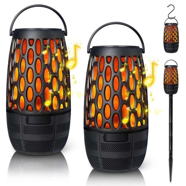 Outdoor Speakers with Flame Lights Multi-Sync 100 Speakers Auto-Pairing HD Stereo Sound BT 5.3 IPX6 2000-3000mAh Battery 10-30W