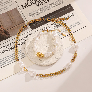 Stainless Steel Necklace <b>Bracelet</b> <b>Set</b> With Baroque Pearls 18K Gold Plated Adjustable For Women Everyday Wear - Product Image 1