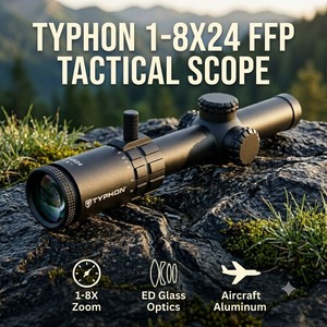 กล้องเล็ง TYPHON 1-8x24 FFP LPVO พร้อมเลนส์ ED ปรับแสงสีแดงได้ 6 ระดับ สำหรับล่าสัตว์และยุทธวิธี ทนทานต่อแรงกระแทก กันน้ำ พร้อมขายึด - Product Image 1