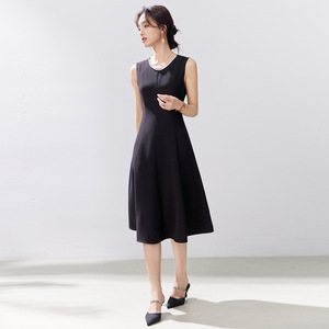 Black French Style Sleeveless Vest Dress A Line Midi Length O Neck Solid Color Simple Anti Wrinkle Daily Wear Plus Size Women's - Product Image 4