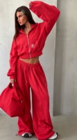 Ensemble de survêtement décontracté deux pièces pour femme, avec sweat à capuche court brodé surdimensionné à fermeture éclair et pantalon large