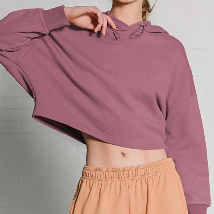 100% Cotton Sports Running Long-sleeved Hoodies Crop Top Loose Casual Women Fitness Sports Yoga Wear Crop Top Long Sleeve