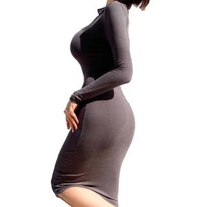 Vestidos de Punto Personalizados OEM de Alta Calidad para Mujer, Otoño Invierno, Ajustados, Elásticos, Manga Larga, Cuello Polo, Color Sólido - Product Image 4