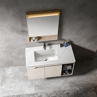 Meuble de salle de bain moderne sans poignée, étanche, en acier inoxydable, avec lavabo en céramique intégré et miroir LED anti-buée, durable
