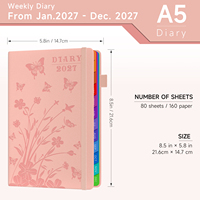 Agenda 2027 A5 en cuir rigide avec motif floral papillon gaufré, haute qualité, écriture facile, bande élastique, mensuel