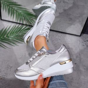 Baskets compensées pour femmes, rehaussantes, avec fermeture éclair latérale et accents scintillants, chaussures de marche décontractées - Product Image 6
