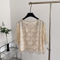 Chemisiers élégants pour femmes à manches courtes en maille à sequins et perles, avec ourlet festonné, pour l'été