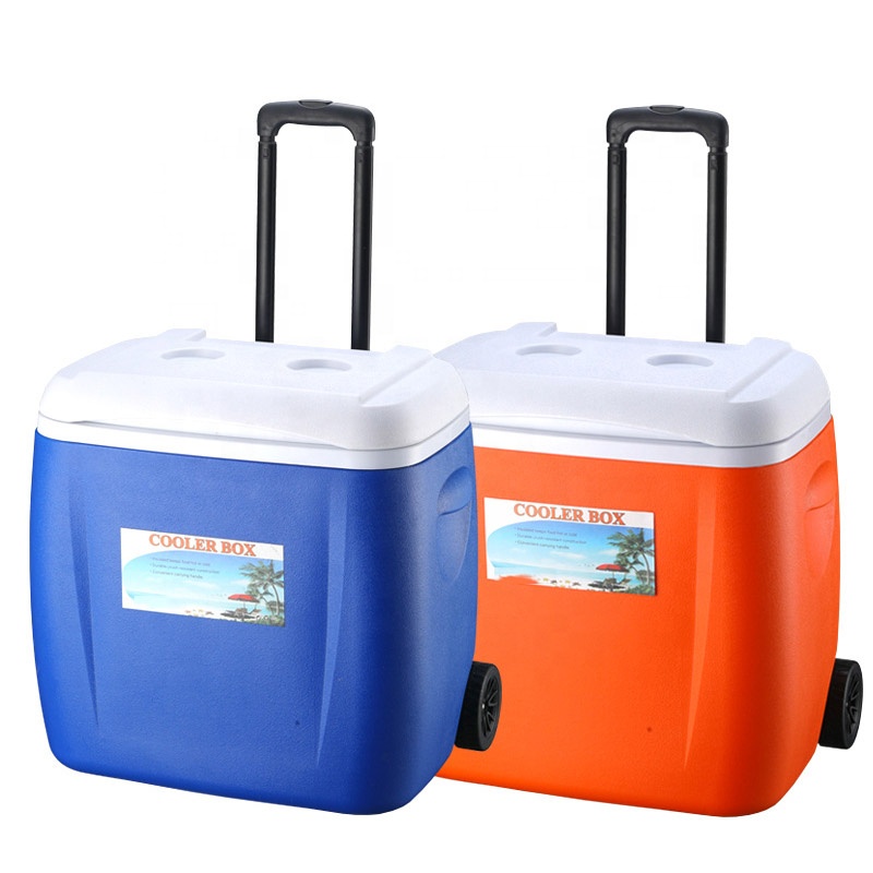 Insulatd lind push button locking telescopic handle durable wheels portable camping 28L eco cooler BOX