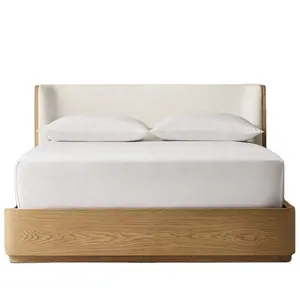 High Quality Modern French Minimalist Style Bedroom Furniture Solid Oak Upholstered Bed