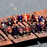 Bracelet extensible Premium en perles rondes de Quartz Rutile Titane Violet Profond Naturel, Rétrocollectible, Rare Super Seven