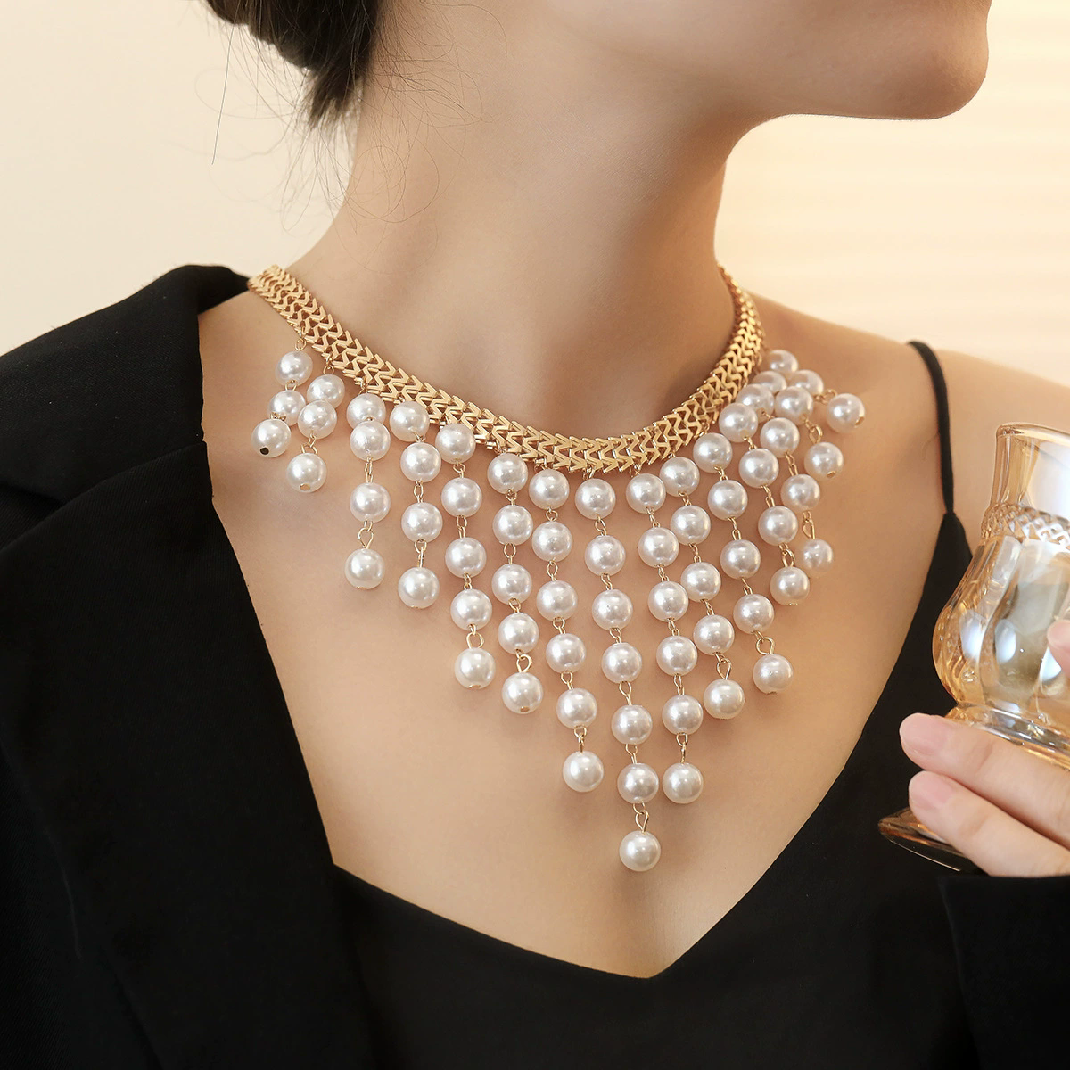 Multi-layer Long Pearl Tassel Necklace New Exaggerated Pearl Bib