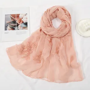 Fashion New Solid Color Scarves Shawl Muslim Hijabs Embroidery Floral Hijab Scarf Soft Cotton Scarf