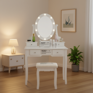 Ensemble de coiffeuse FCH en bois blanc avec miroir, tabouret et tiroirs de rangement - Product Image 2