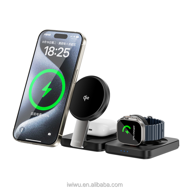 WiWU in Portable Qi2 Wireless Charger Multi-Function Integrated PD  Charging for Mobile Phones Smart Watches Earphones