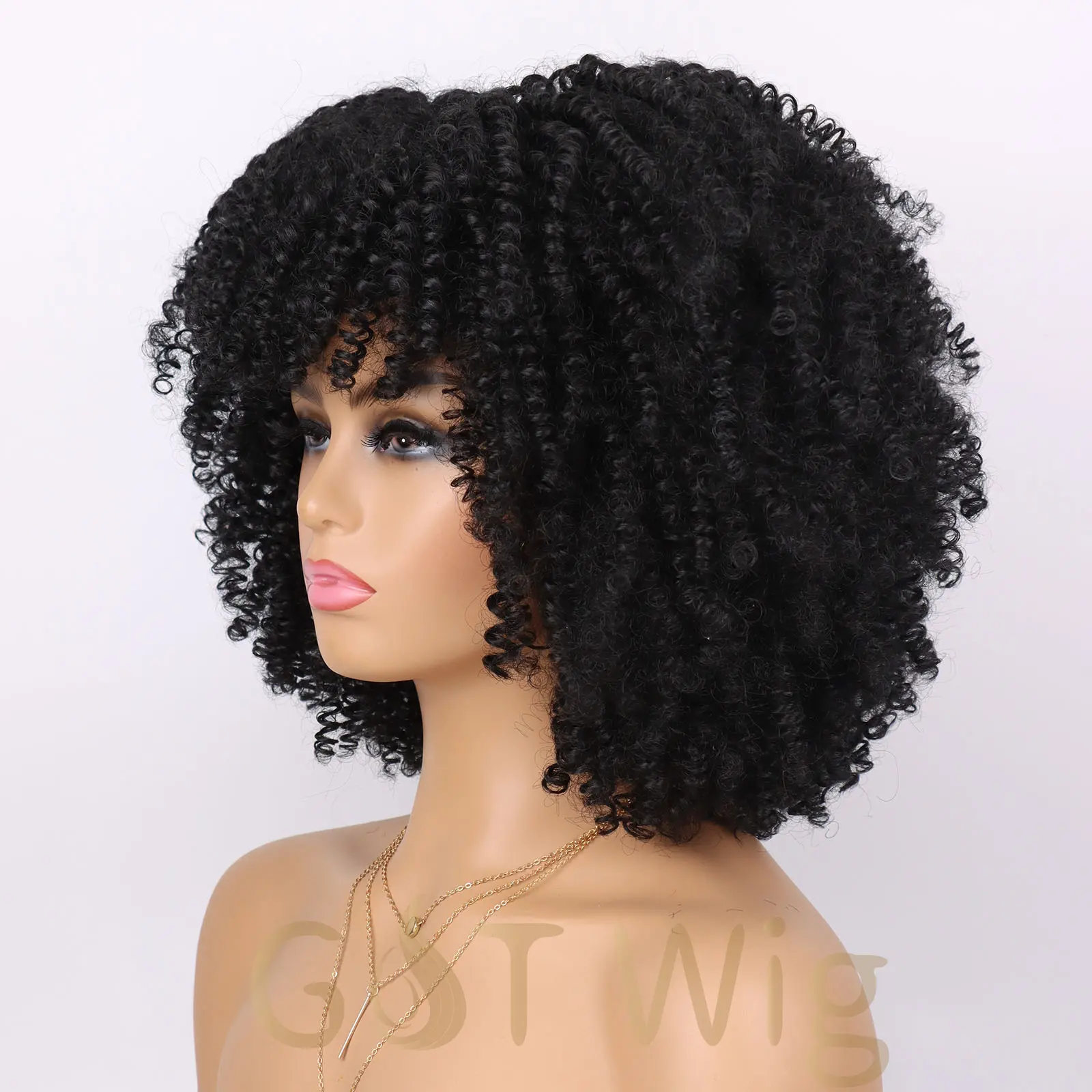 G & T 가발 도매 짧은 곱슬 흑인 여성을위한 앞머리가있는 아프리카 변태 곱슬 가발 합성 섬유 헤어 가발 매일 파티 사용