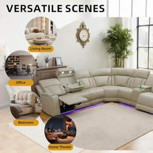 Sofá Seccional Reclinable de Cuero con Movimiento Eléctrico, Asientos para Cine en Casa, Consola de Alimentación Inalámbrica USB para el Hogar - Product Image 6