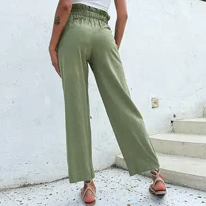 定制空白服装2023夏季柔软束带宽腿裤优雅绿色宽松休闲直亚麻长裤