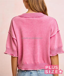<span class=keywords><strong>Pull</strong></span> en maille côtelée <span class=keywords><strong>rose</strong></span> vif à bord brut et manches courtes pour <span class=keywords><strong>femme</strong></span> – Vente en gros - Product Image 4