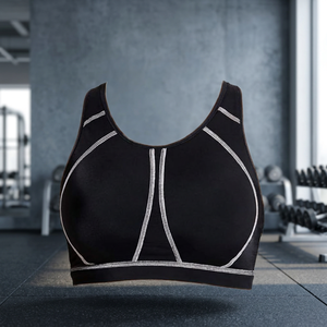 Women's Black Sports <b>Bra</b> Scoop <b>Neck</b> Racerback Medium Support Breathable Seamless Solid Contrast Stitch Fitness Wear - Product Image 4
