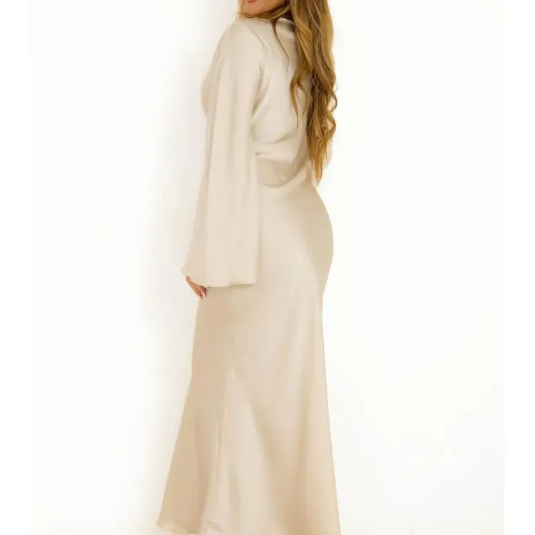 Gaun Maxi Satin wanita, gaun Maxi Satin polos elegan mode Lengan Flare pinggang tinggi jubah Prom panjang 2023