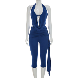 Viviblook C26ST231 Ensemble 2 pièces sexy d'été pour femme : débardeur sans manches à col licou et pantalon court de couleur unie - Product Image 2