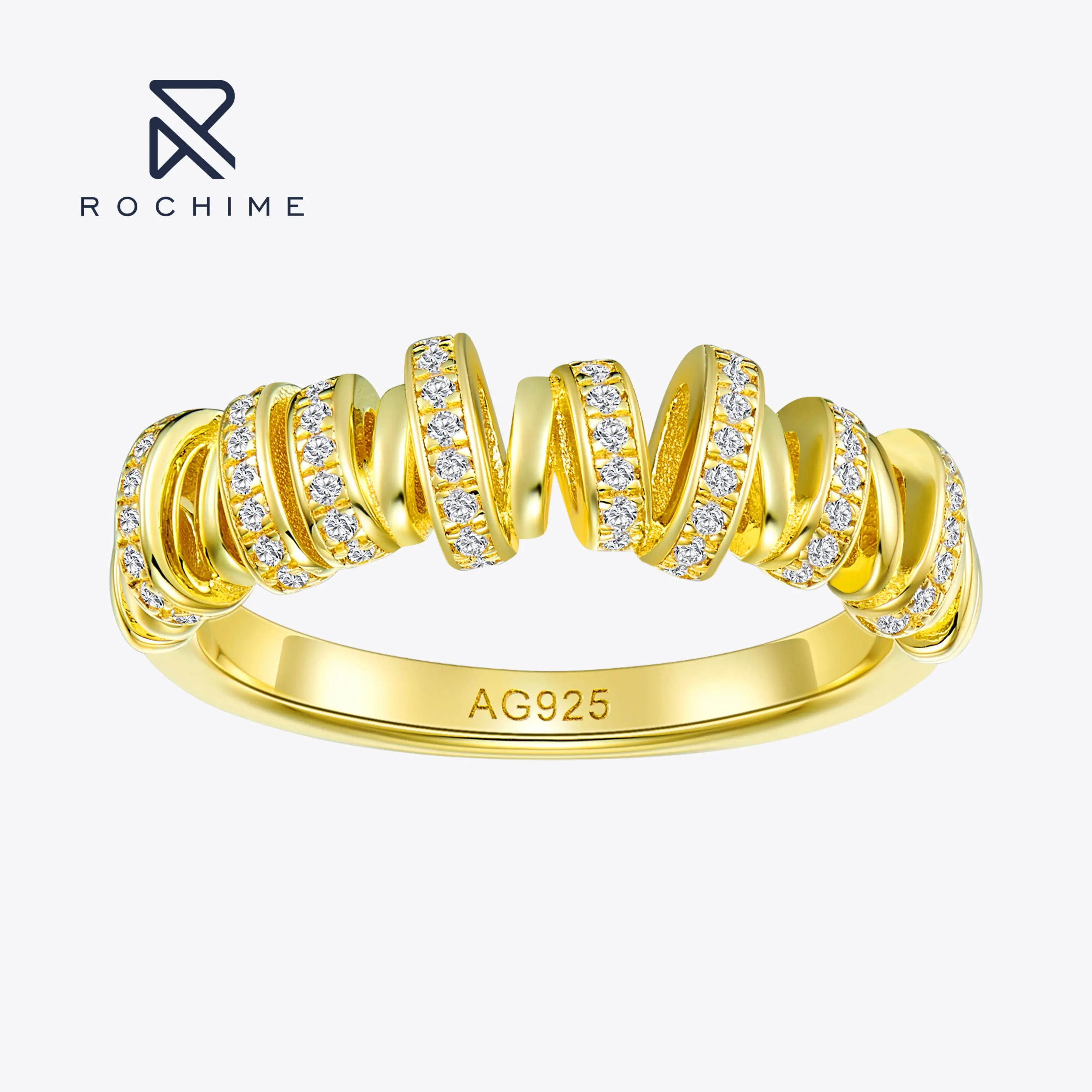 Rochime moda Irregular trenzado ins anillos plata esterlina 925 alta joyería circón piedras preciosas anillo de mujer