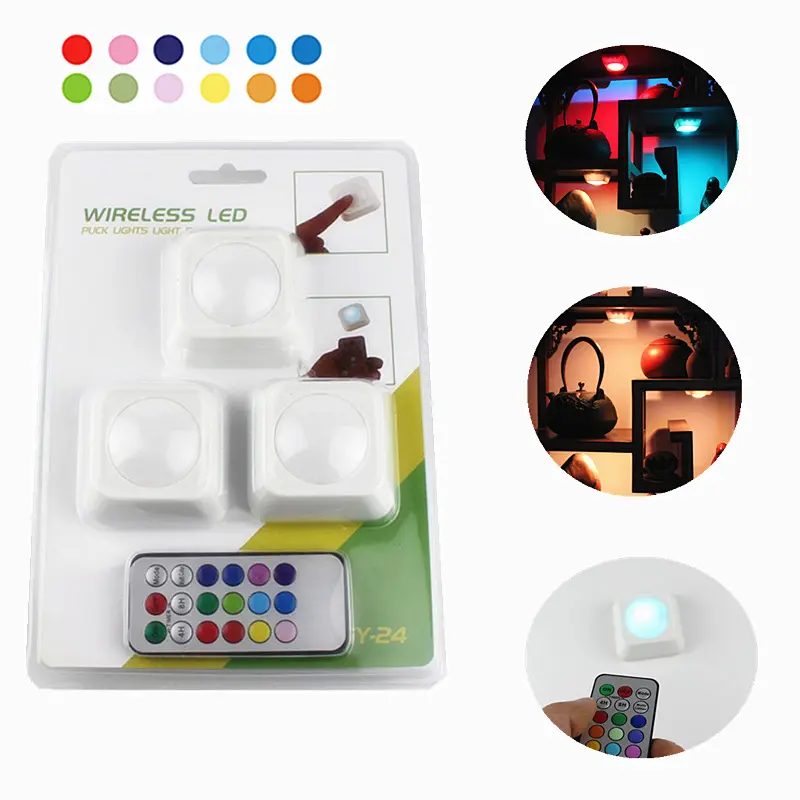 Wireless LED Puck Light 3 Pack With Remote Control RGB Under Cabinet Lighting Closet Light