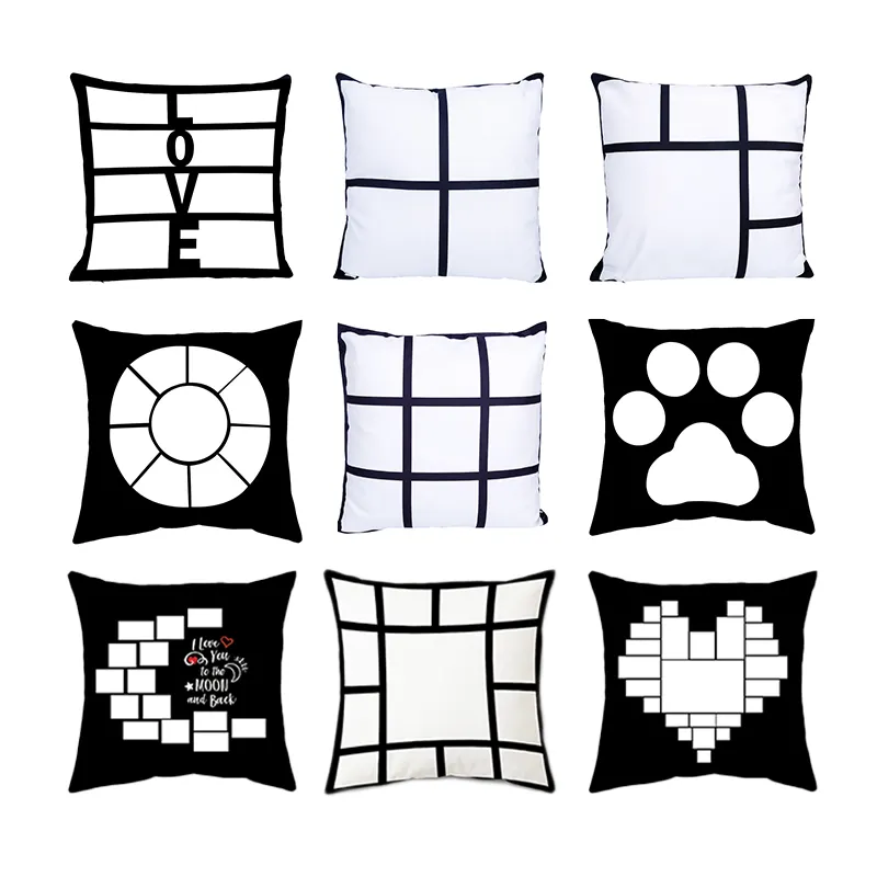 wholesale Black and White Sublimation Blanks Polyester 4 and 9 Photo Panel Pillow Cases Cushion Cover for DIY printing 16 x 16