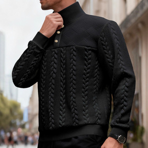 Pull en tricot ample pour homme avec col montant et fermeture boutonnée, motif torsadé, manches longues, décontracté, pour l'extérieur - Product Image 3