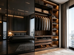 Armoire coulissante en verre de luxe moderne avec éclairage LED, système de <span class=keywords><strong>dressing</strong></span> sur mesure en noyer pour rangement de chambre - Product Image 4